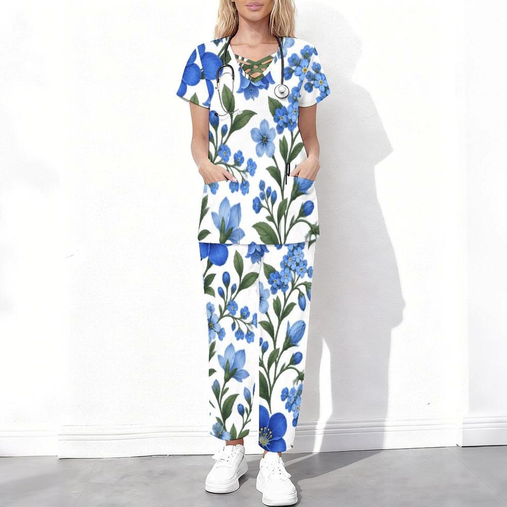 Women Plus Size Floral Printed Scrub Set Cutout Neck Short Sleeve Pocket Top Long Pants Two Piece