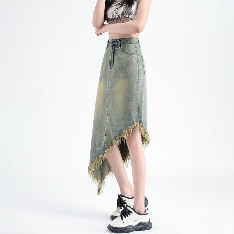 

Миди-юбка из выбеленного денима с высокой посадкой и необработанным краем - Женская весенняя коллекция 2025, ретро, А-силуэт с разрезом L