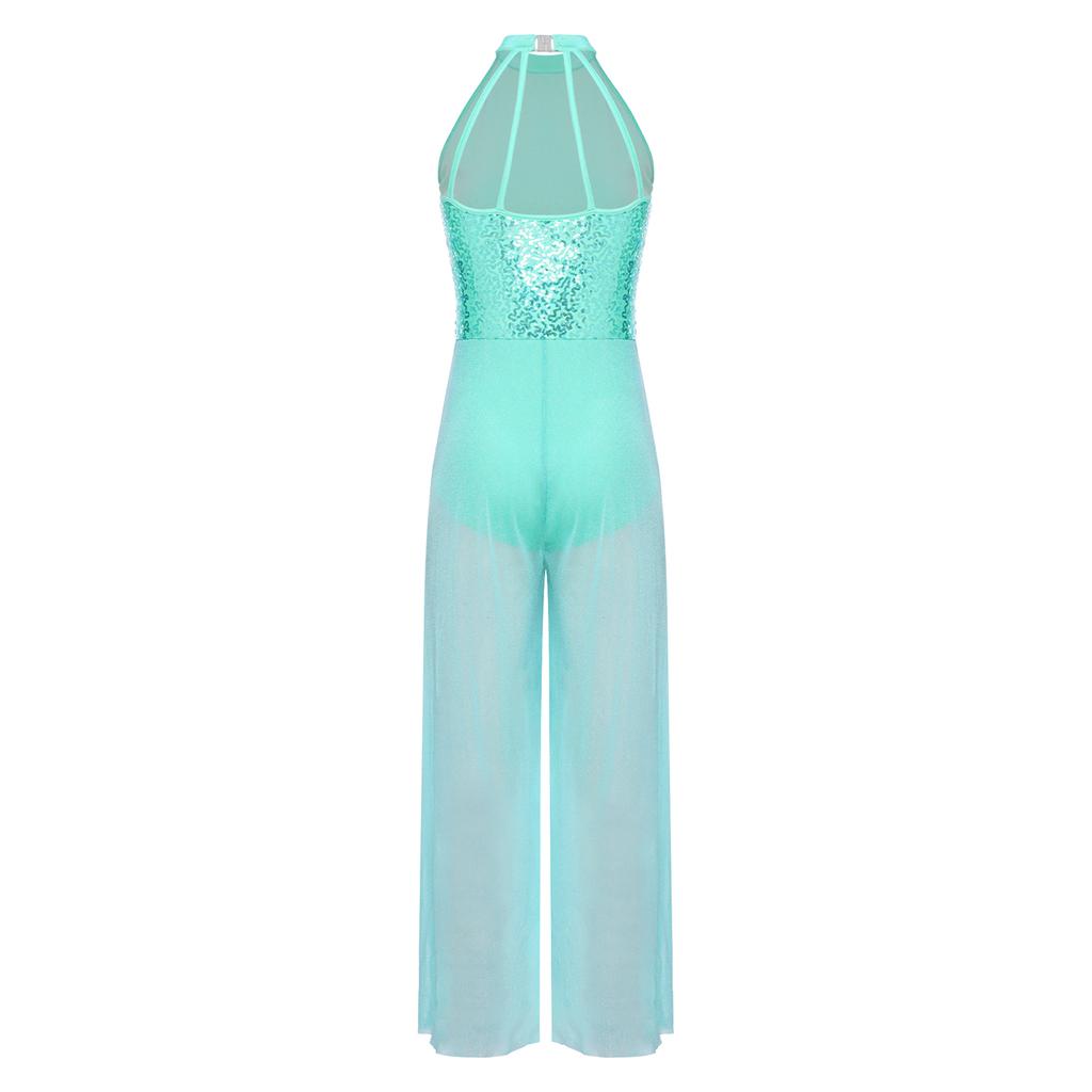 S-3XL Lyric Modern Dance Bodysuit Halter Mock Neck Sleeveless Sequin Embellished Strappy Back Mesh Wide Leg Jumpsuit One Piece Dancewear