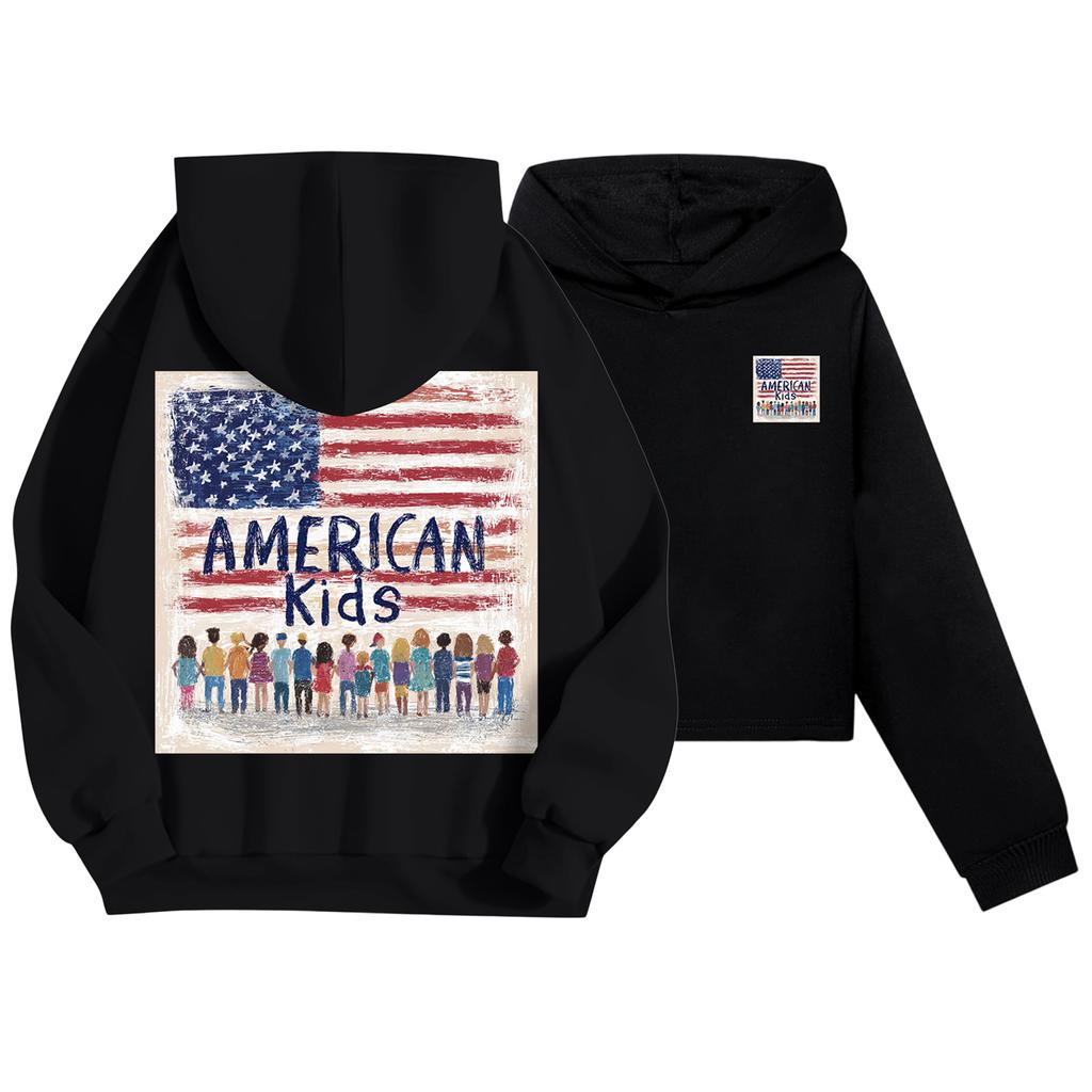 Kids Casual Fashion American Flag Printed Long Sleeve Hooded Sweatshirt