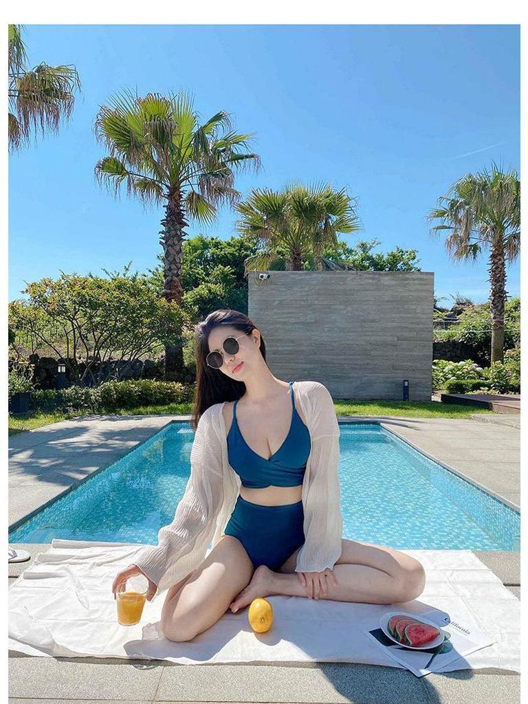 2023 Women's Solid Color Push-Up Bikini Set: Hard Cup Top & High Waist Bottoms