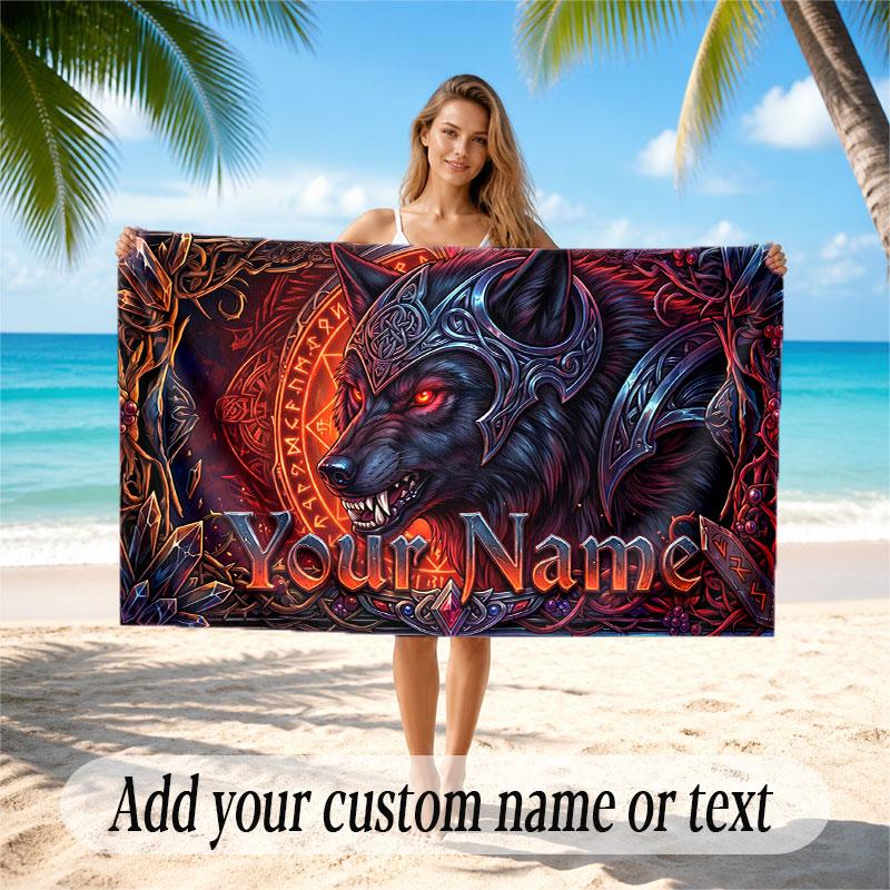 Wolf Theme Beach Towel Personalized Custom Name & Text Soft Quick Dry Beach Towel for Swimming Travel