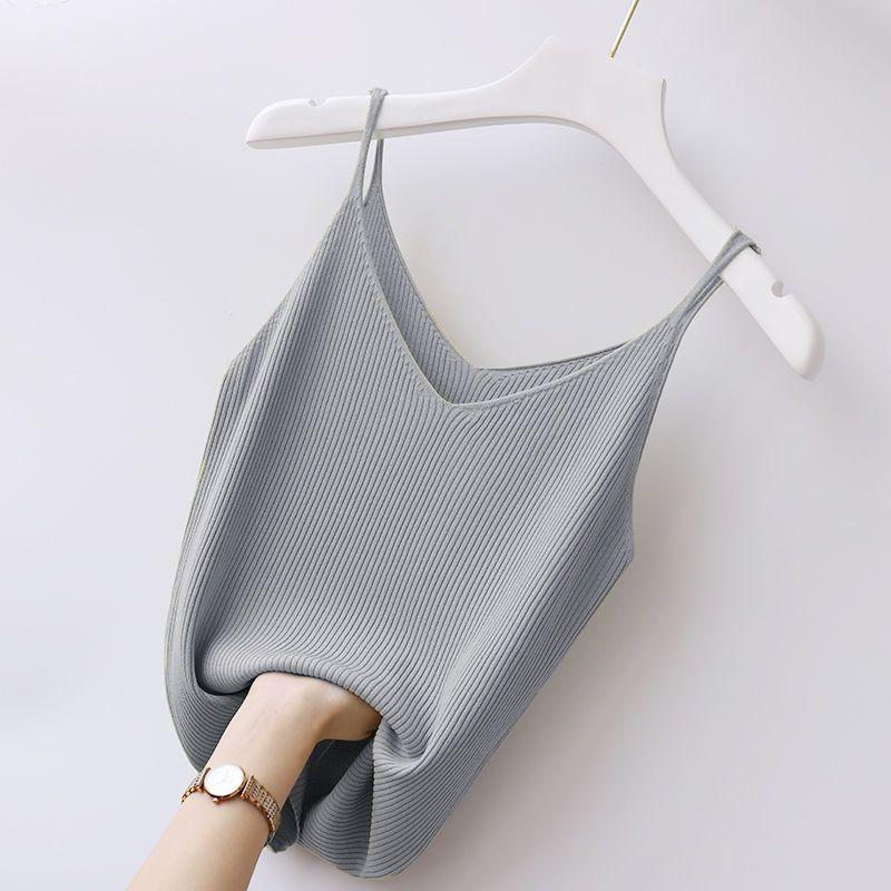 V Neck Ice Silk Camisole Plus Size Women Inner Wear Thread Knit Short Top Hyuna Style Versatile Sexy Base Shirt