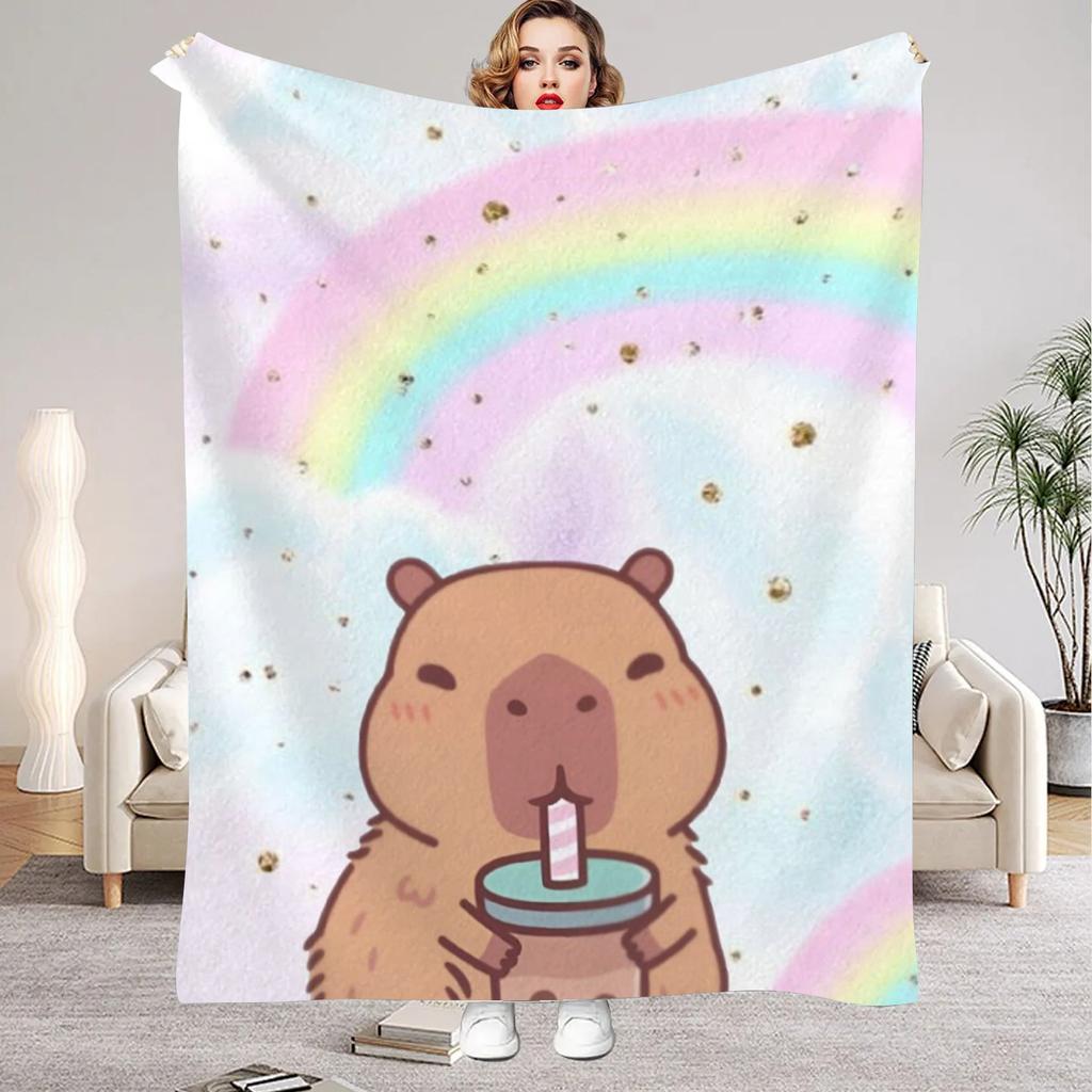 1Pc Pink Digital Printed Capybara Style Flannel Blanket Mattress Cover Blanket for Family BedsSofasOfficesOutdoor Camping