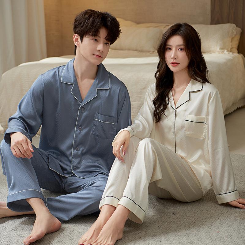 1011 spring and autumn pajamas ice silk women's long-sleeved red wedding wedding high-end summer men's loungewear suit