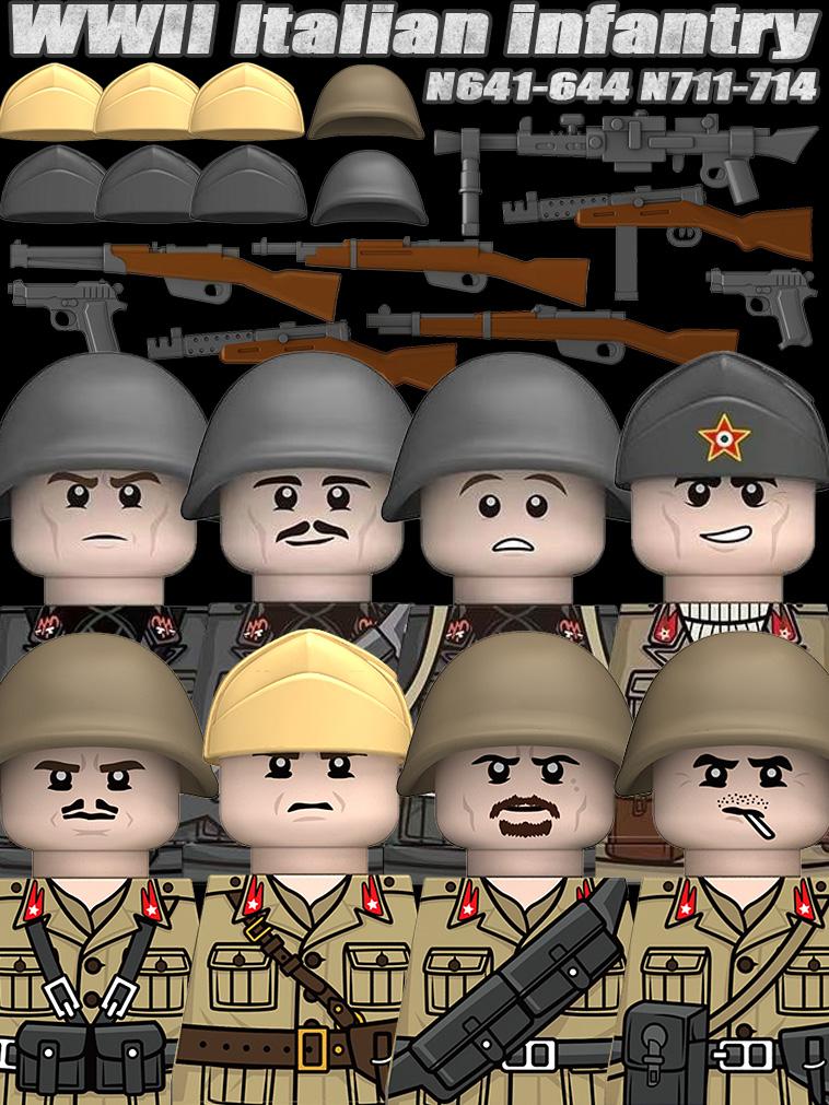 MOC WK2 Italienische Soldaten Figuren Bausteine Italien Armee Infanterie Offizier Waffen Pistole Umhang Helme Panzerkanone Steine Spielzeug