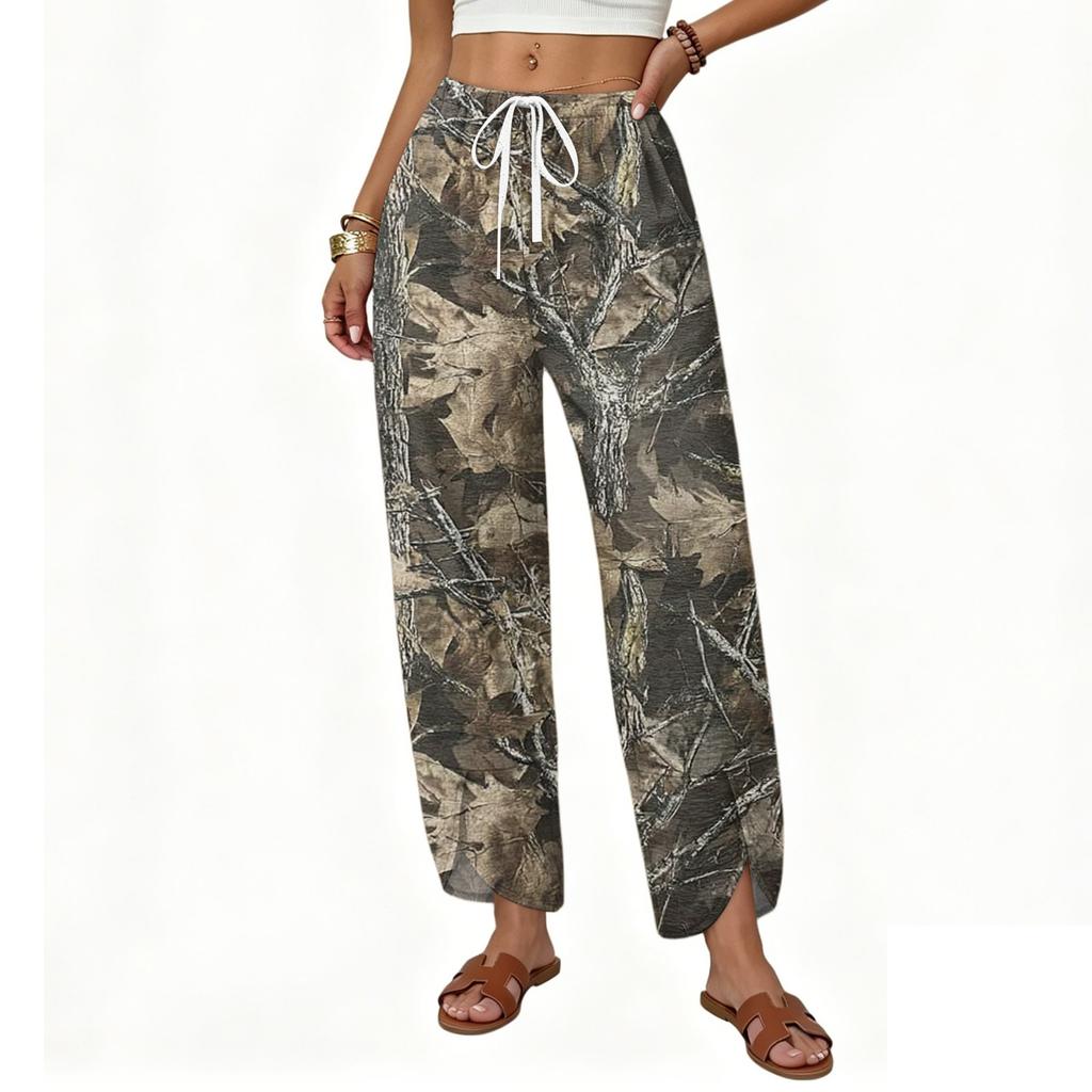 Women Casual Loose Fit Wide Leg Button Front Printed Pattern Long Pants with Adjustable Waist Drawstring and Side Pockets