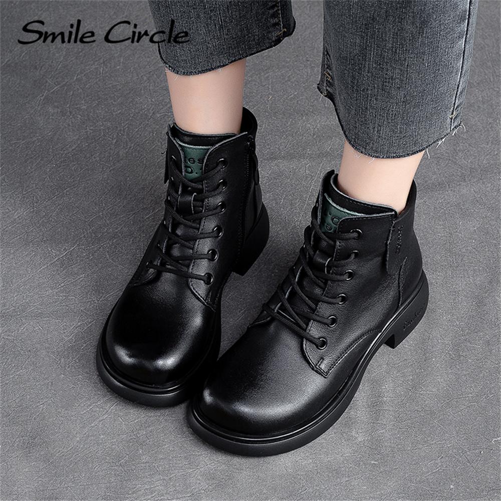 Echtes Leder, klobige Damenstiefel mit Schnürung, seitlichem Reißverschluss, Plateaustiefel, modische, lässige Stiefeletten