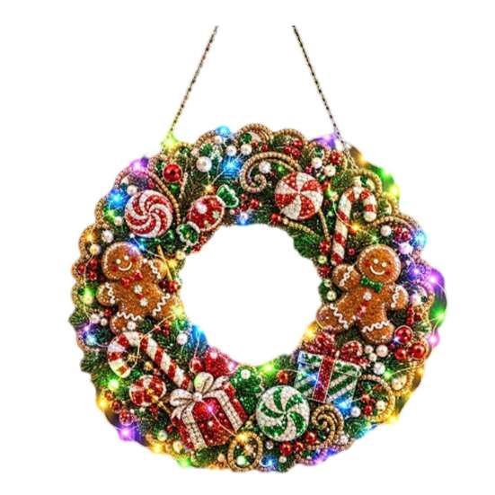 Handgefertigter festlicher Heimdekorations-Weihnachts-Diamantmalerei-Kranz-Bausatz mit LED-Lichterkette, Schneemann-Perlenkunst beleuchtete Türdekoration für Erwachsene,