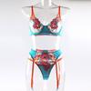 3PCS Floral Embroidery Sheer Mesh Garter Lingerie Set Underwire Bra With Thong Garter Festival Cosplay For Women
