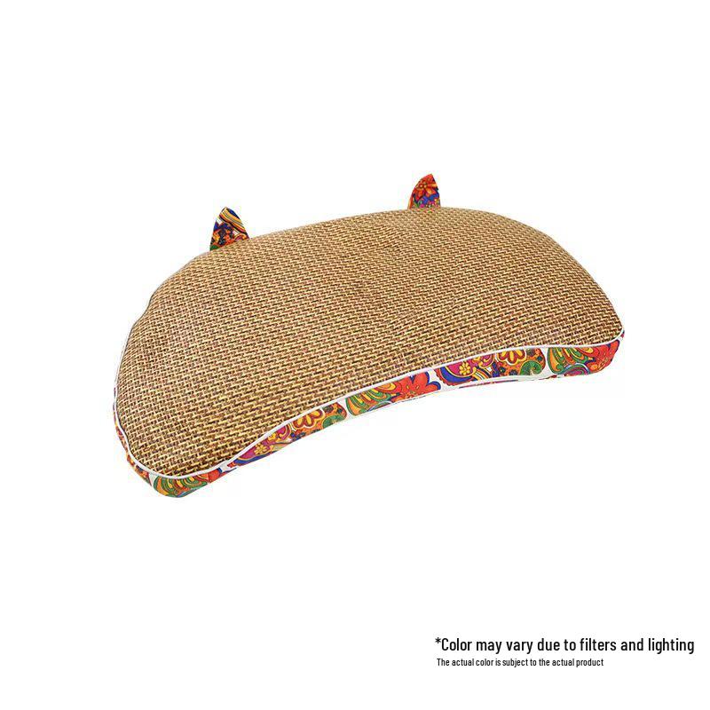 Summer Cooling Cat Ear Pillow - Mugwort Cervical Support with Rattan and Coarse Cloth Design