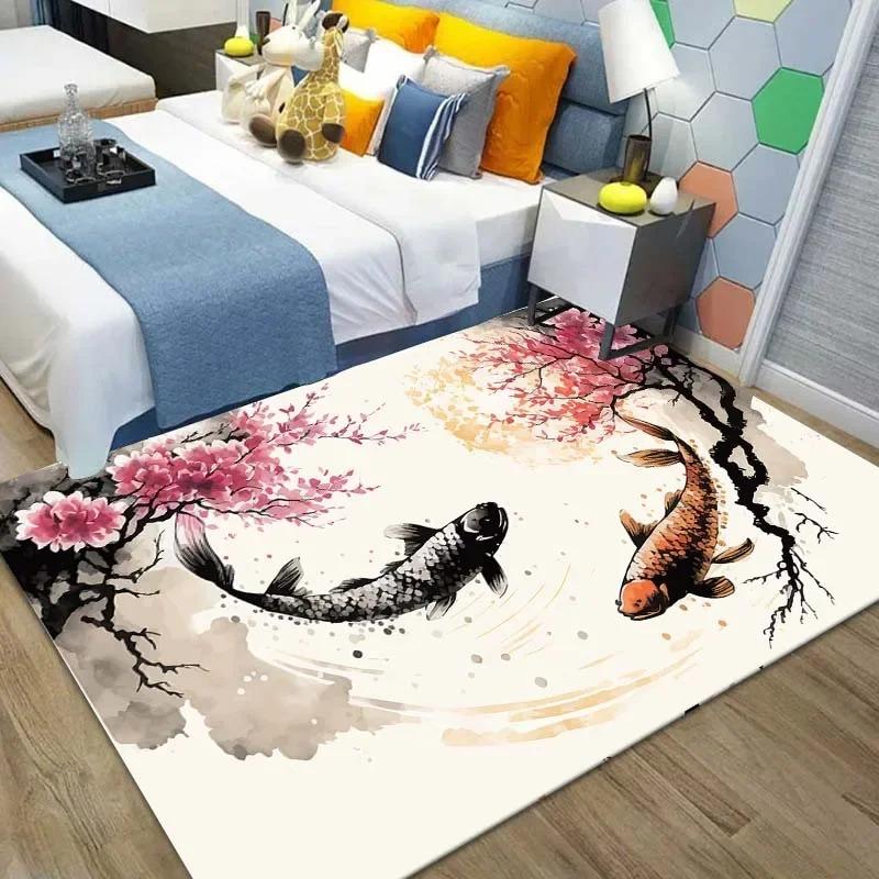 Chinese Koi Carp Ink Painting Good Luck Rug Pink Cherry Blossoms Carpet For Living Room Bedroom Home Decor Door Mat