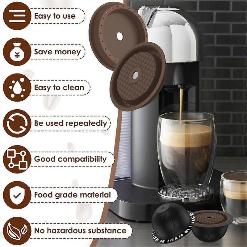 5Pcs Reusable Vertuo Pods for Nespresso Machine, Coffee Capsule with 2 Silicone Lids 1 Spoon and Bru