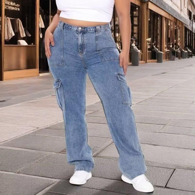 High-Waisted Wide-Leg Denim Cargo Pants Women Relaxed Fit Vintage Workwear Style Blue Cotton Blend