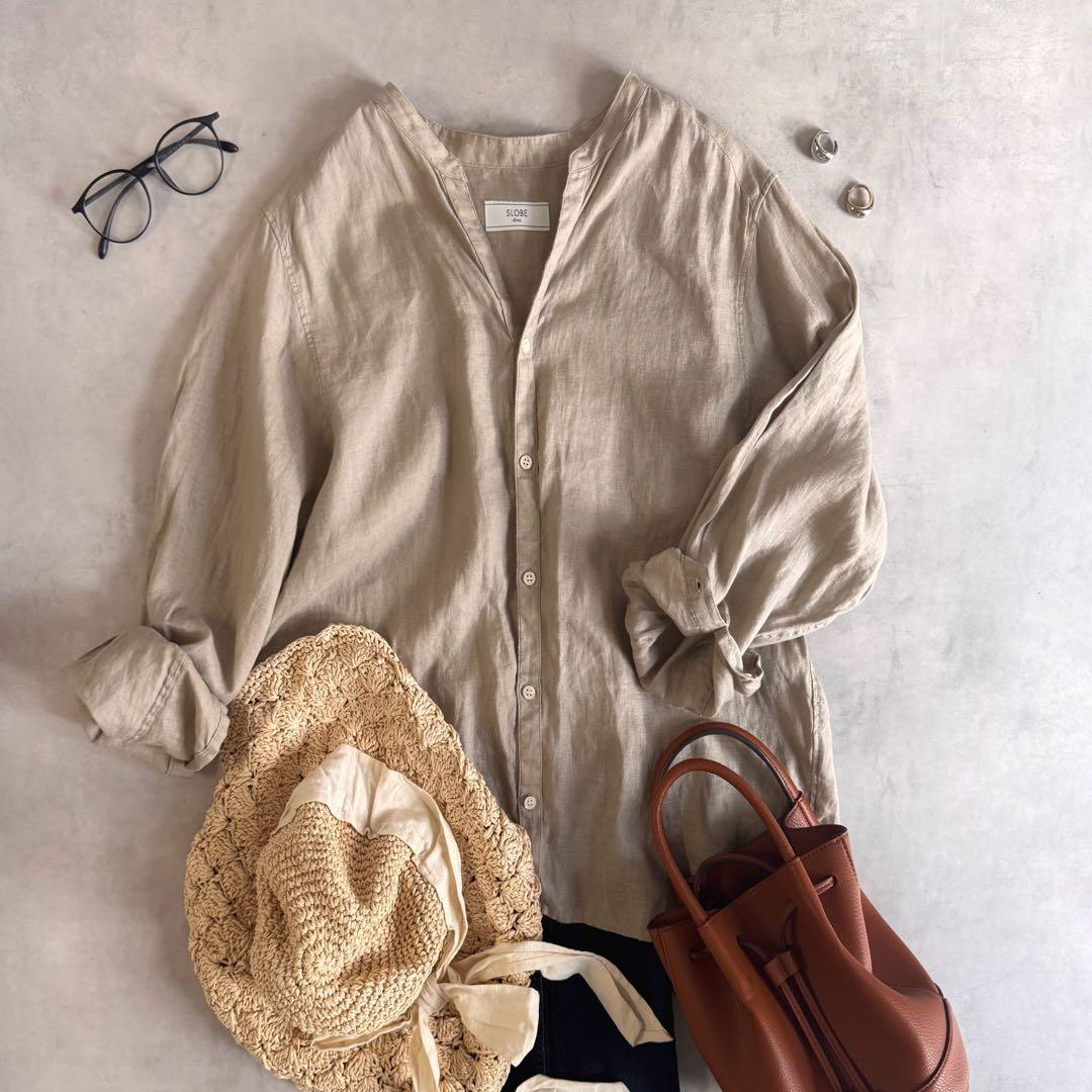 Good conditionSLOBE IENA Linen Skipper Shirt Beige Loose Long Sleeve