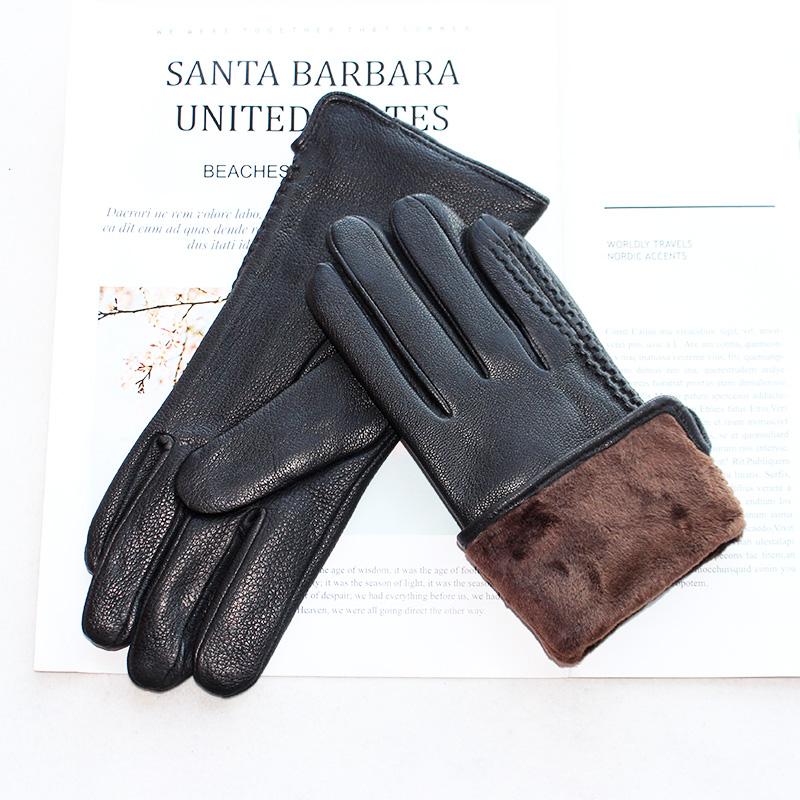 Goatskin Deerskin Grain Leather Gloves Women's Fashion Simple Style Velvet Lining Autumn Winter Warm Motorcycle Riding Glove