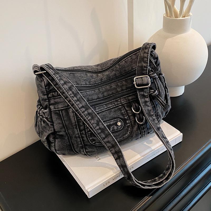 Vintage Washed Denim Bag Multi-pocket Commuter Practical Shoulder Messenger Bag Tote Bag 2025 New Bag
