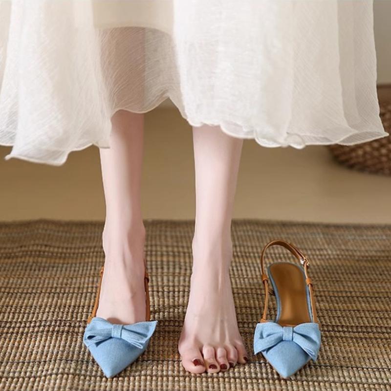 Fashion Denim Blue Summer High Heel Women's Sandals Fashion Mules for Ladies Butterfly-Knot Party Dress Shoes