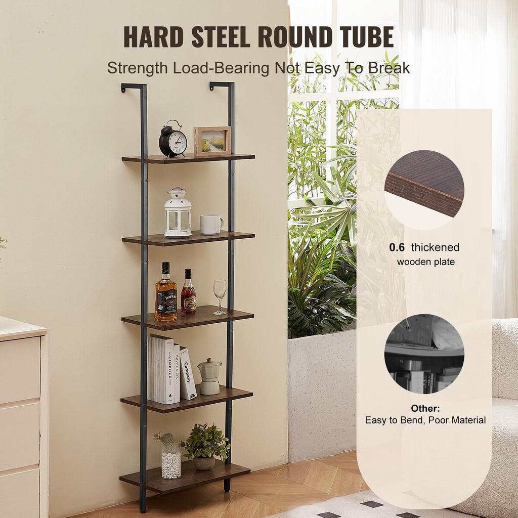Industrial Square Pipe Shelf 5 Tier 17.3x11.8in Wall-Mount for Bedroom