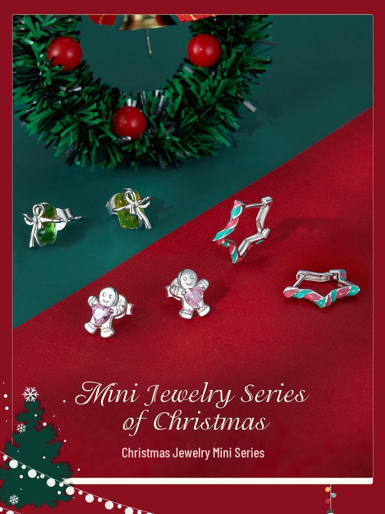 Yinziyun Gingerbread Man and Pink Heart Zircon S925 Sterling Silver Stud Earrings for Women