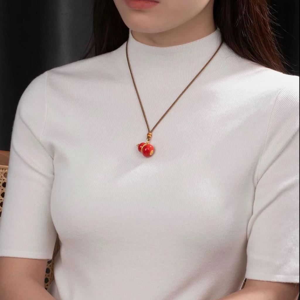 Gold Sand Eight Treasures Compass Pendant Necklace with Gourd Charm for Women