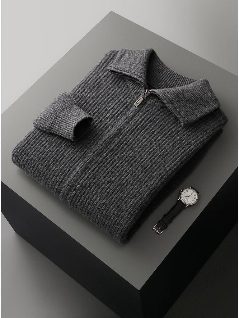 Men's Pure Wool Zipper Cardigan - Autumn/Winter, Thickened Knitwear with Shirt Collar