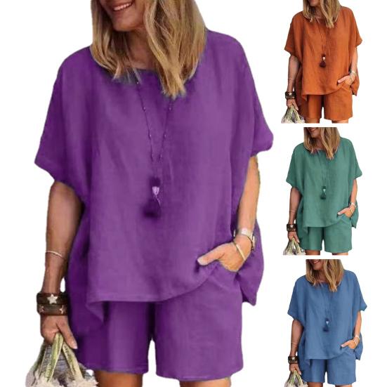 2 Teile/satz Frauen Top Shorts Set O Hals Kurze Ärmel Lose Elastische Taille Einfarbig Atmungsaktiv Soft Casual Homewear Zwei-stück Sport T-shirt Hose
