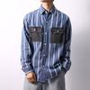 Spring Autumn Long-sleeved Denim Shirts Men Stitching Striped Overcoats Male Loose Pockets Casual Shirt
