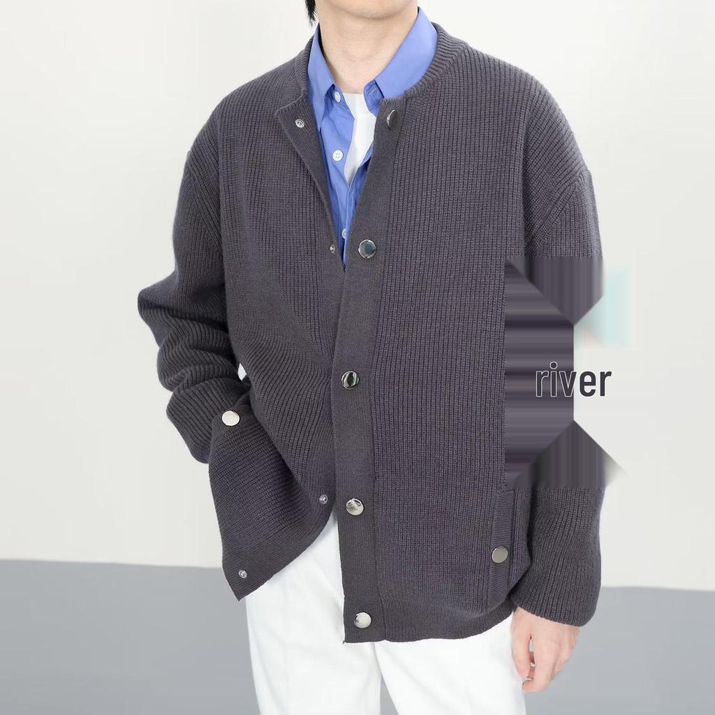 Grauer Henley-Kragen Pullover für Herren: Hochwertige Strickwaren für Frühling/Herbst, Lässiger Schnitt, Saubere Oberbekleidung.