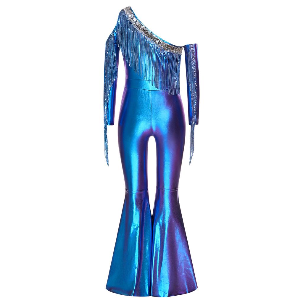 Flickor Metallisk Glänsande Tävlingsdräkt Off Shoulder Långärmad Paljett Tofs Design Klockben Delade Ben Jumpsuit