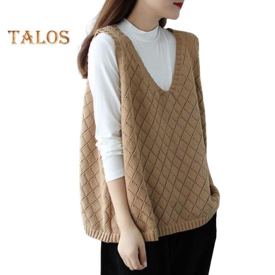 Spring Fall Women Vest Knitted Sweater Retro V Neck Loose Sleeveless Solid Color Pullover Hollow Out Rhombus Texture Daily Wear Top