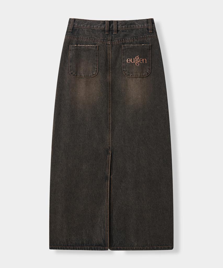Yujen Slit Washed Denim Long Skirt_Dust Black