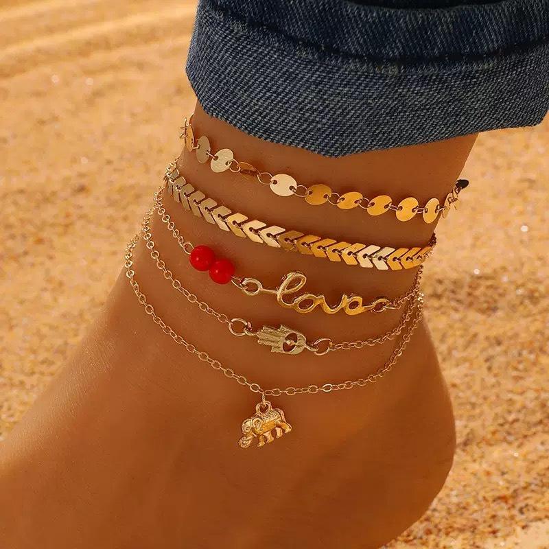 Personalized Multi-layer Beach Anklet Set with Leaf Sequins