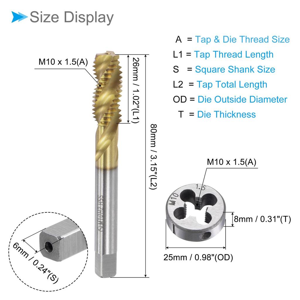 CoCud Metric Tap and Die Set, M10 x 1.5 Thread, Titanium Coated, Spiral Flute Thread Tap, Round Die Tool Kit for Threading, Tapping, and Repair, 1 Set