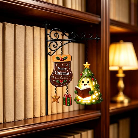 Floating Shelf Light Ornaments Christmas Bookshelf Hanging Light, Snowman Book Nook Lamp, Metal Slim Organizers Library Lantern Decor, Holiday