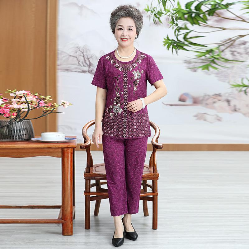 Ice Silk Women's Short Sleeve T-Shirt & Pants Set for Seniors