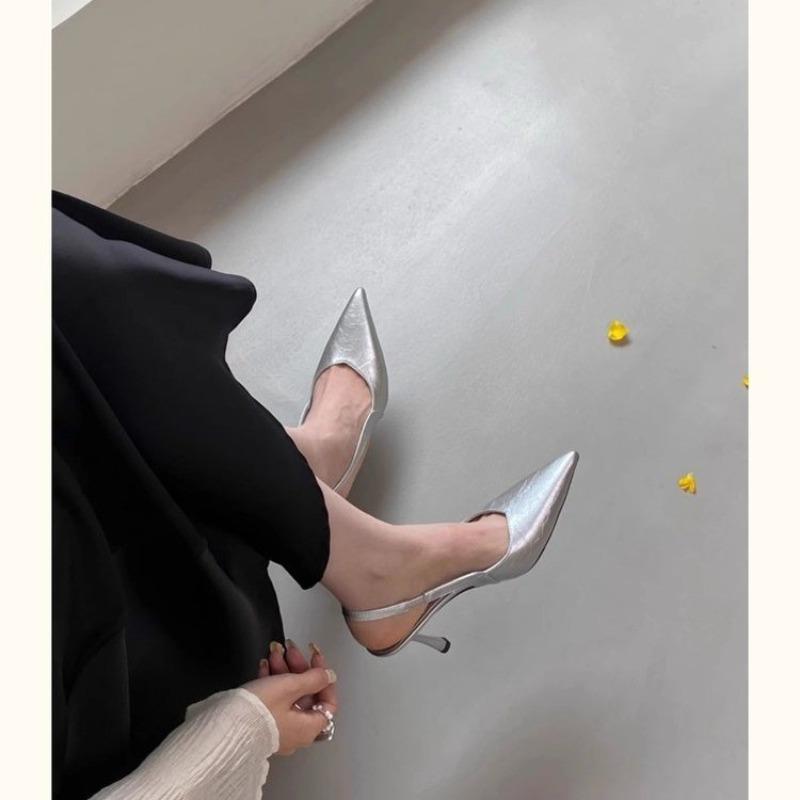 Fashion New Style Elegant High Heels Silver Pumps Women Summer Slingbacks Pointed Toe Party Shoes Woman Solid Thin Heeled Sandals Ladies
