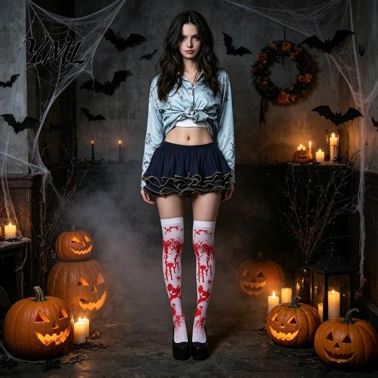Scary Halloween Costume for Women Blood Print Women, Apron, Hooded Detailed Palm Outfit Cloak, Stockings Outfits Cosplay Parties, Haunted House Events