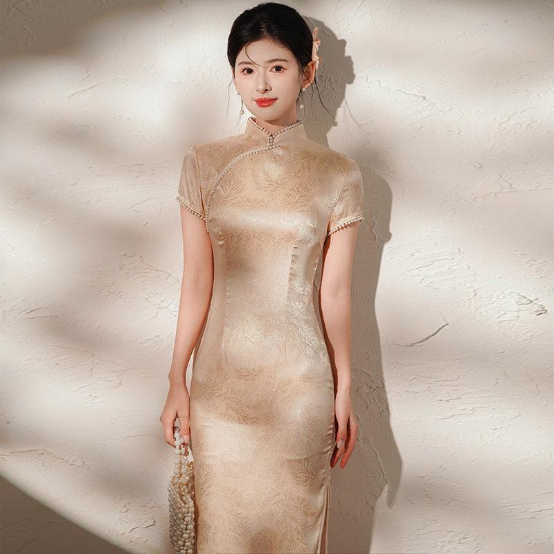 Champagne short-sleeved Republic of China style new Chinese style Suzhou long cheongsam improved young 1011 new women's high-end sense