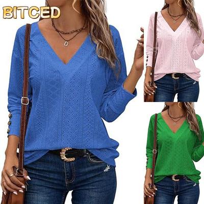Women's Fashion Casual Solid Color Print Long Sleeve V Neck Blouses & Shirts