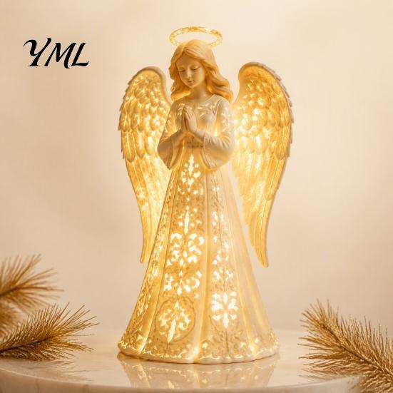 Collectible Resin Angel Figurine Guardian with Warm LED Light for Christmas Decor, Praying Peaceful Keepsake Memorial Lamp Statue Tabletop Night Home