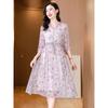 Summer silk dress V-neck temperament elegant intellectual mulberry silk dress printed lace-up skirt