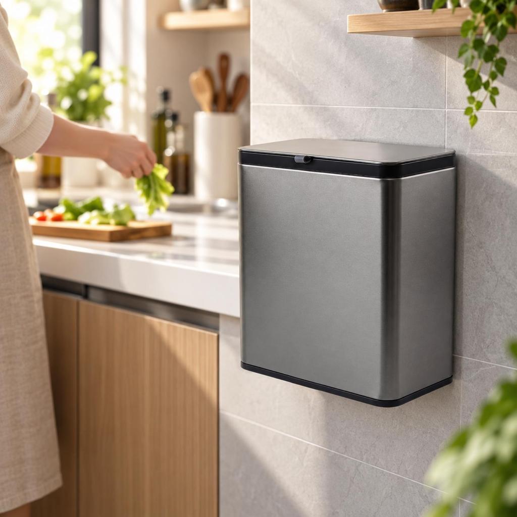 Wall-Mounted Trash Can Compact with Hanging Hook Garbage Bin Easy to