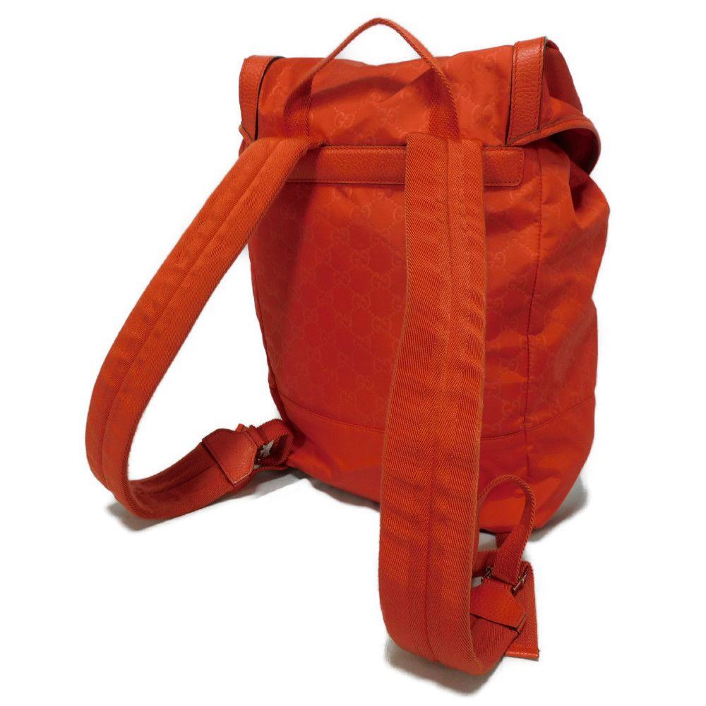 Used 9539 GG Nylon Daypack 387071 7927 Double G Calfskin Drawstring Logo Embossed Orange Red Men's from Japan AUTHENTIC