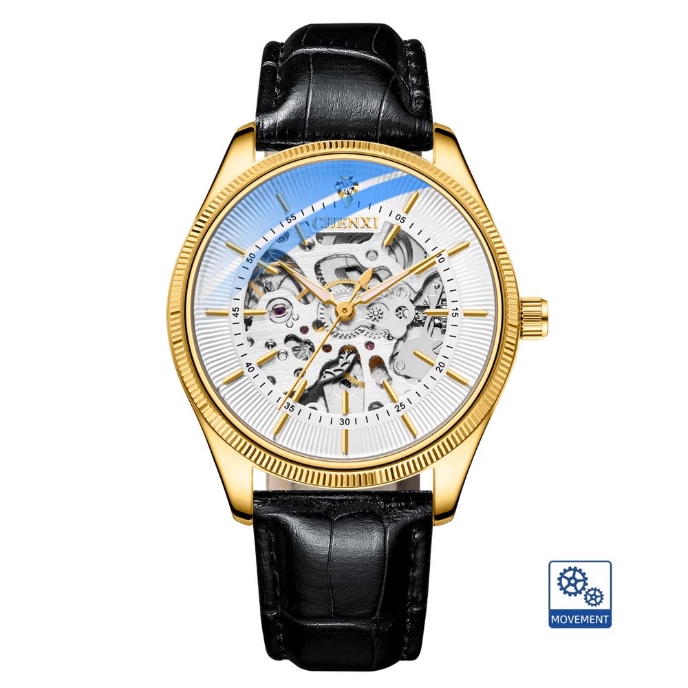 CHENXI Men's Mechanical Watches Automatic Skeleton Men's Watch Minimalist Business Style with Leather Strap Relojes Para Hombres