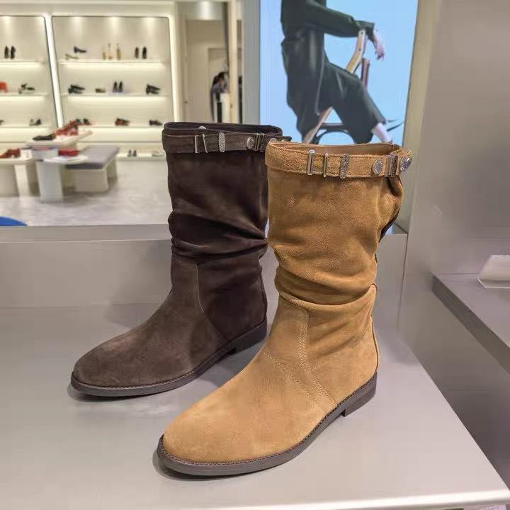 Cowhide Edition~ Wilderness Pastoral Vintage Western Boots 2025 Autumn and Winter Atmosphere Brown Versatile Flat Folded Stacking Boots