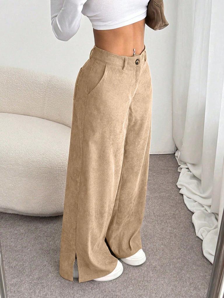 Women Low Waist Corduroy Wide Leg Pants Split Hem Vintage Straight Trousers Commuter Casual Long Pants Streetwear Trousers
