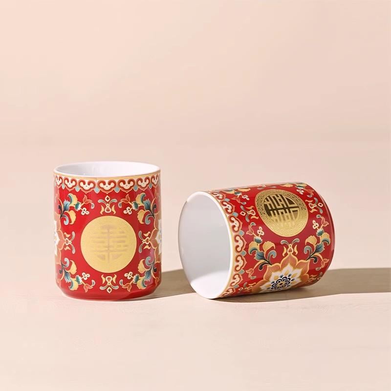 

Эмалевый свадебный чайный сервиз, китайский традиционный подарок для невесты на девичник, чайная чашка и чайник с двойным счастьем, приданое