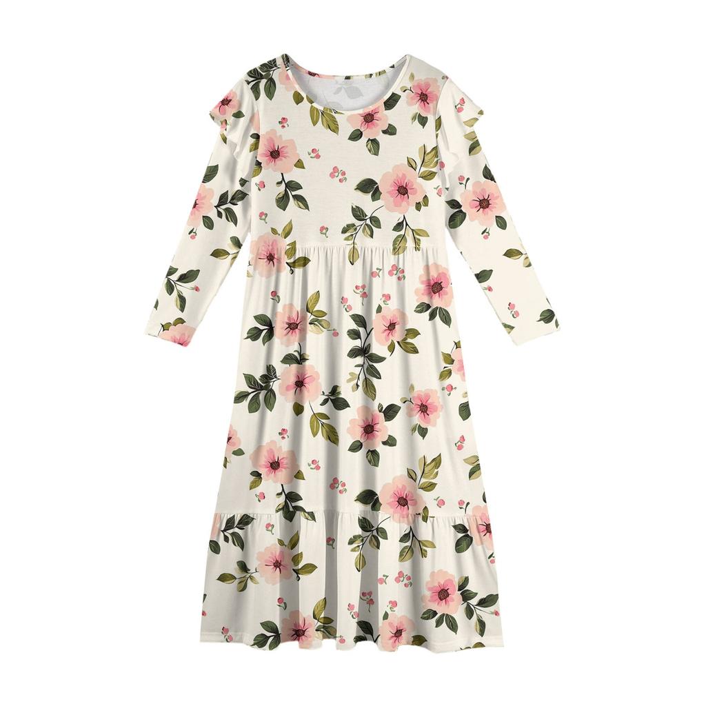 Girls' Tiered Ruffle Dress - Long Sleeve Printed Maxi With Pockets