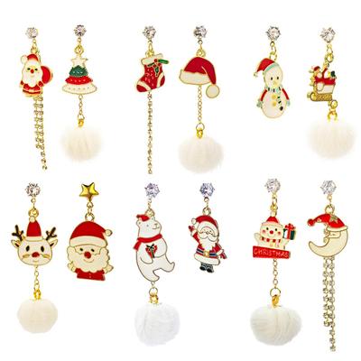Silver Needle Christmas Cartoon Elk & Snowman Asymmetrical Earrings with Diamond & Fur Ball Pendants